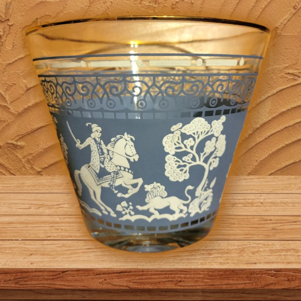 Vtg 60's Genghis Khan Glass Blue White Ice Bucket Lions Horse Men Hunt Gold Rim